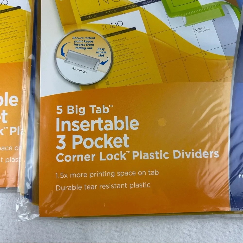 Avery 5 Big Tab Insertable 3 Pocket Corner Lock Plastic Dividers 11273 Lot of 2